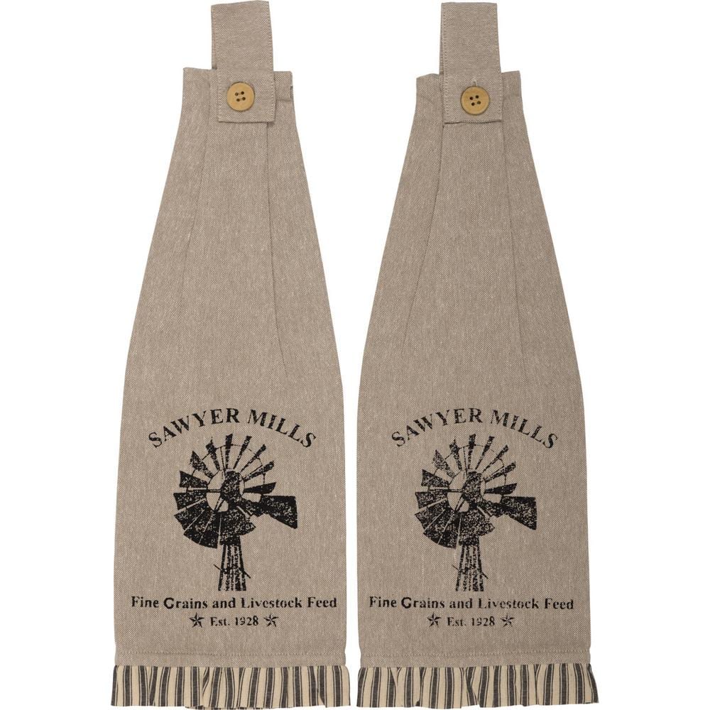 Sawyer Mill Charcoal Windmill Button Loop Cotton Kitchen Tea Towel Set (Set of 2) - Hercitys
