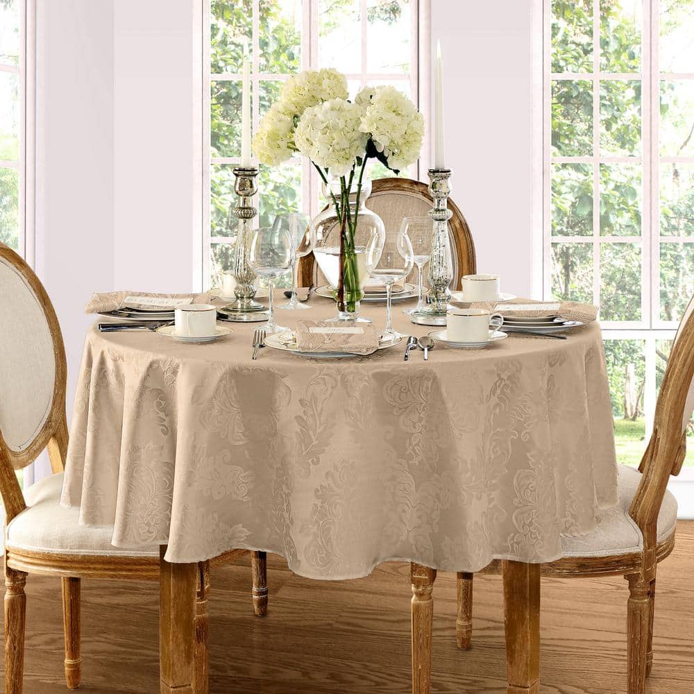 70 in. Round Beige Barcelona Damask Fabric Tablecloth - Hercitys