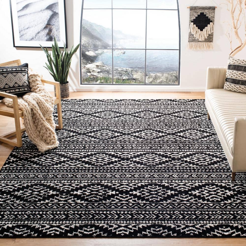 Tulum Black/Ivory 9 ft. x 12 ft. Striped Tribal Geometric Area Rug - Hercitys