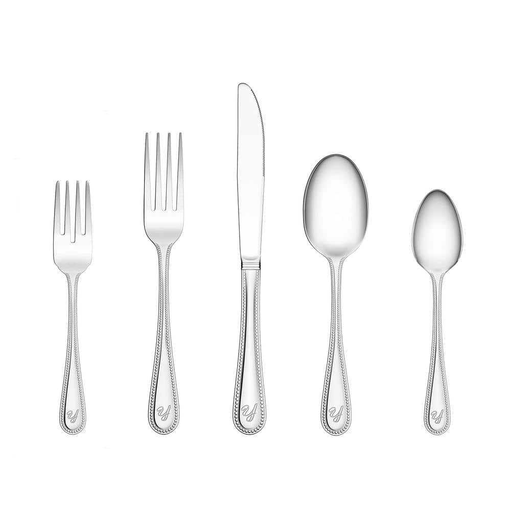 Beaded Monogrammed Letter Y 46-Piece Silver Stainless Steel Flatware Set (Service for 8) - Hercitys