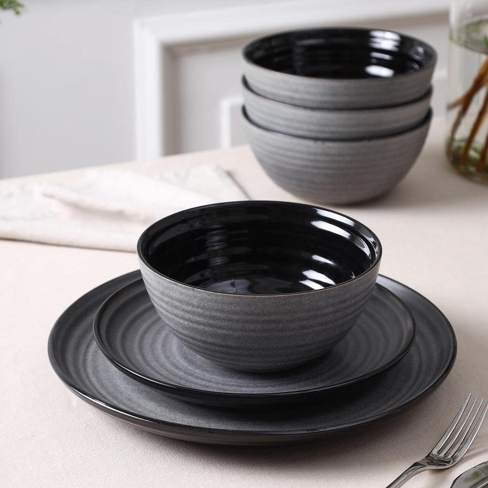 Dua 12-Piece Black Stoneware Full Set (Service for 4) - Hercitys