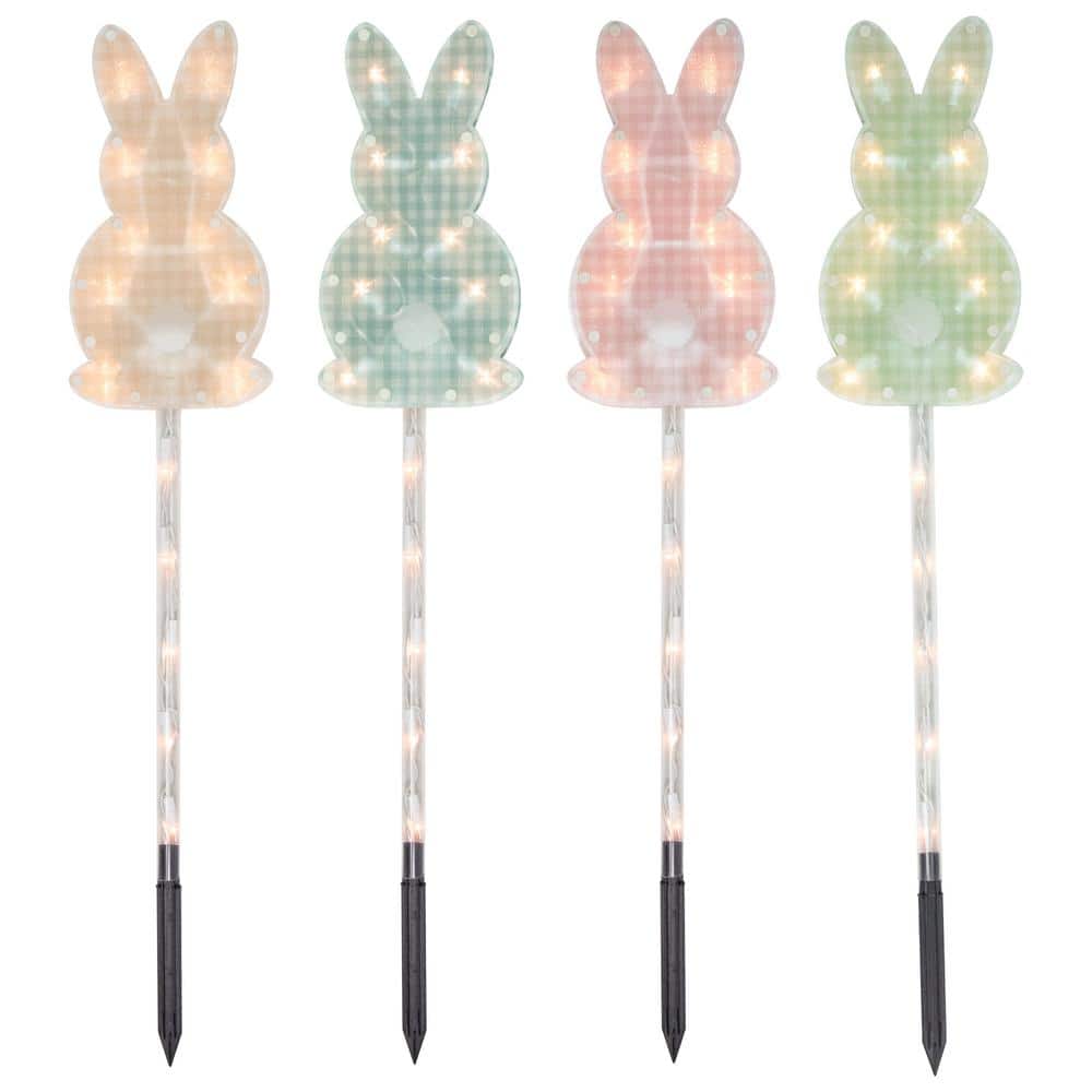 Plaid Pastel Bunny Easter Pathway Marker Lawn Stakes Clear Lights (4-Count) - Hercitys
