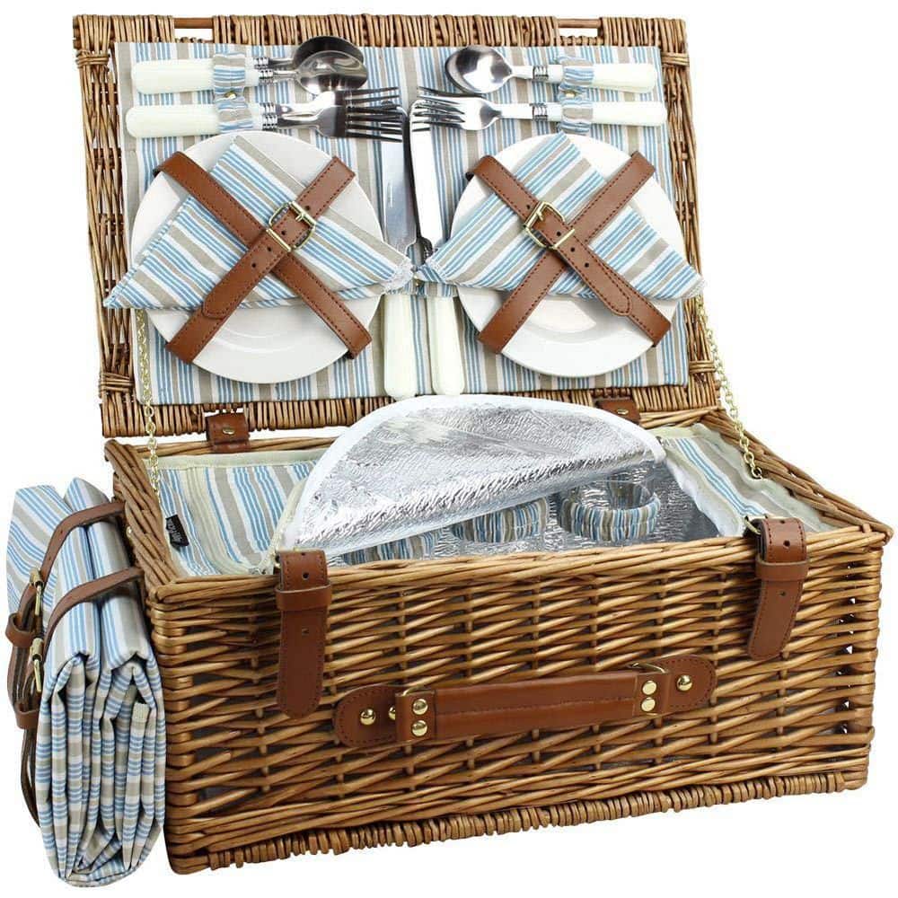 Brown Wicker Picnic Basket with Insulated Cooler Compartment, Waterproof Blanket and Cutlery Service Kit for 4-Person - Hercitys
