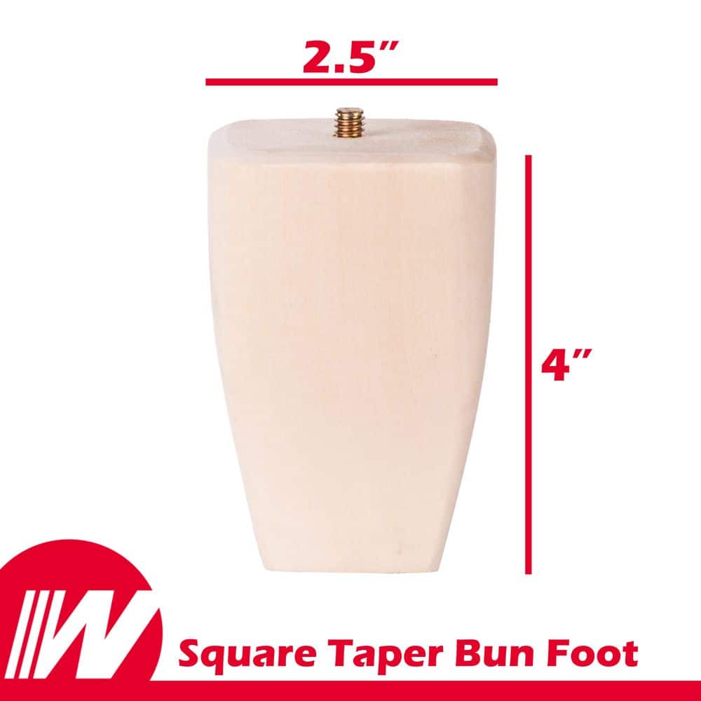 Square Taper Bun Foot with Hanger Bolt – 4 in. H x 2.5 in. Dia. – Sanded Unfinished Hardwood – Legs for Sofas and Stools - Hercitys