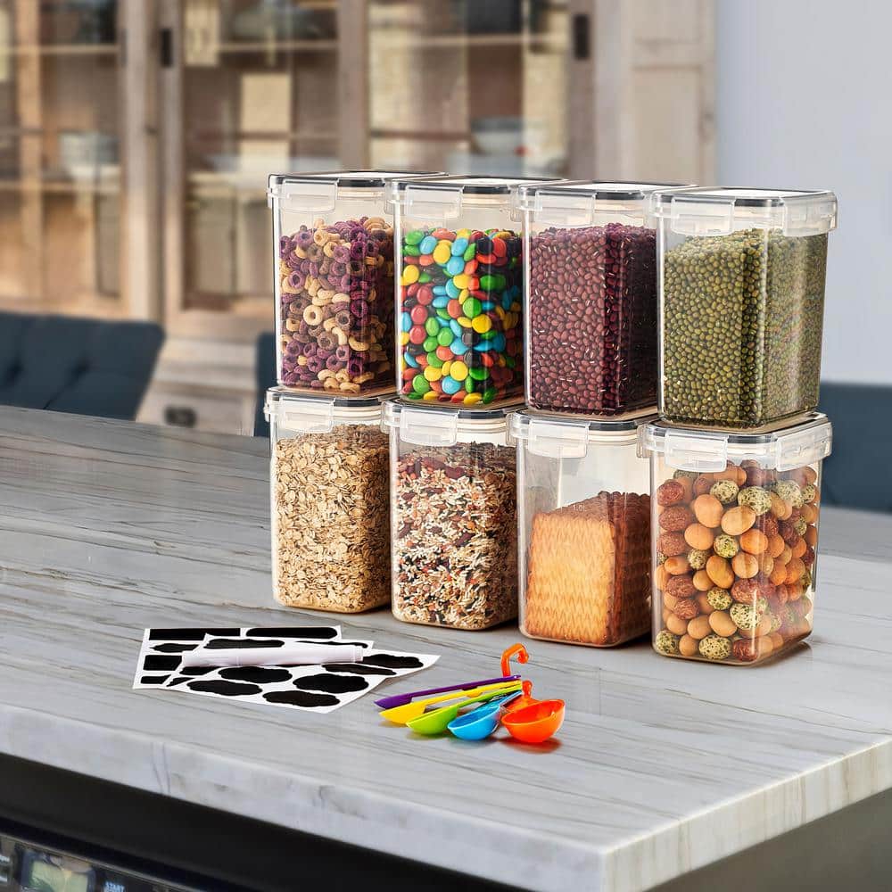 Airtight Food Storage Containers with Locking Lids-8 Pack (1.6 l /54.10 oz.) with Measuring Spoons and Labels - Hercitys