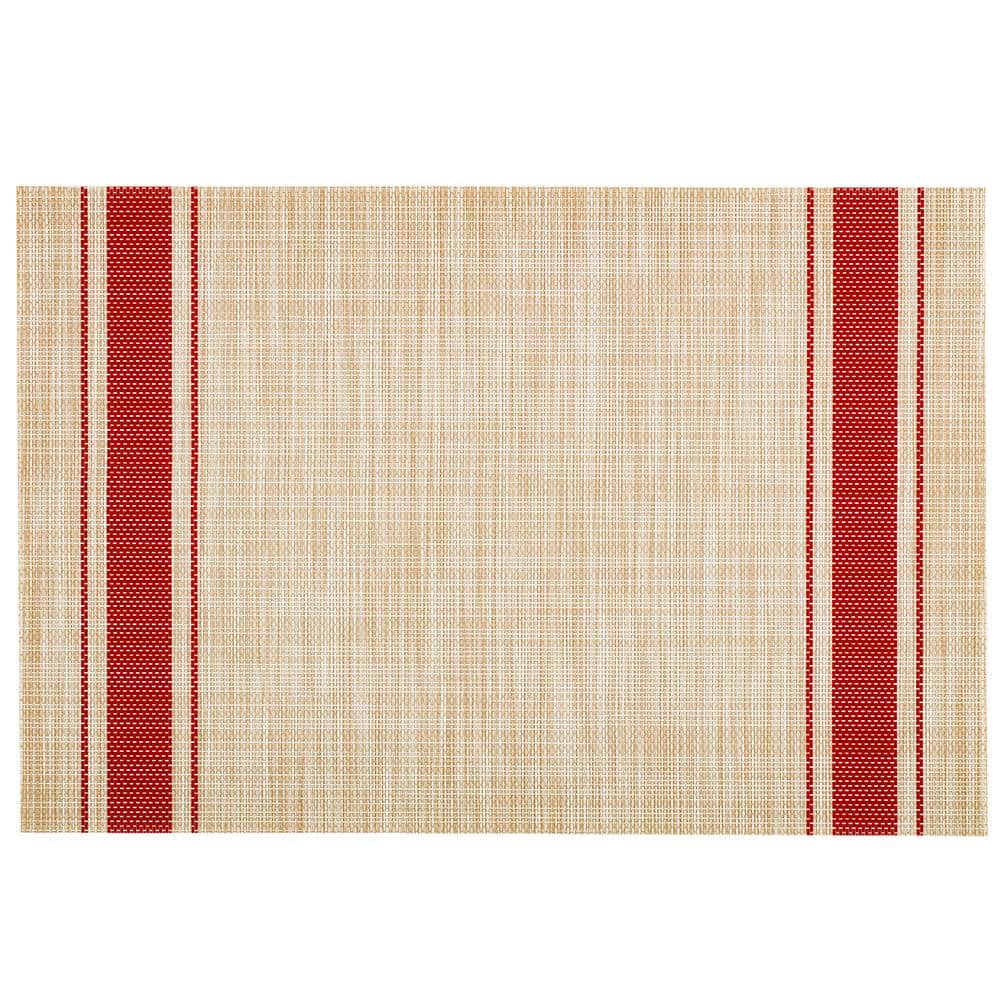 EveryTable 18 in. x 12 in. Red Ticking Stripe PVC Placemat (Set of 6) - Hercitys