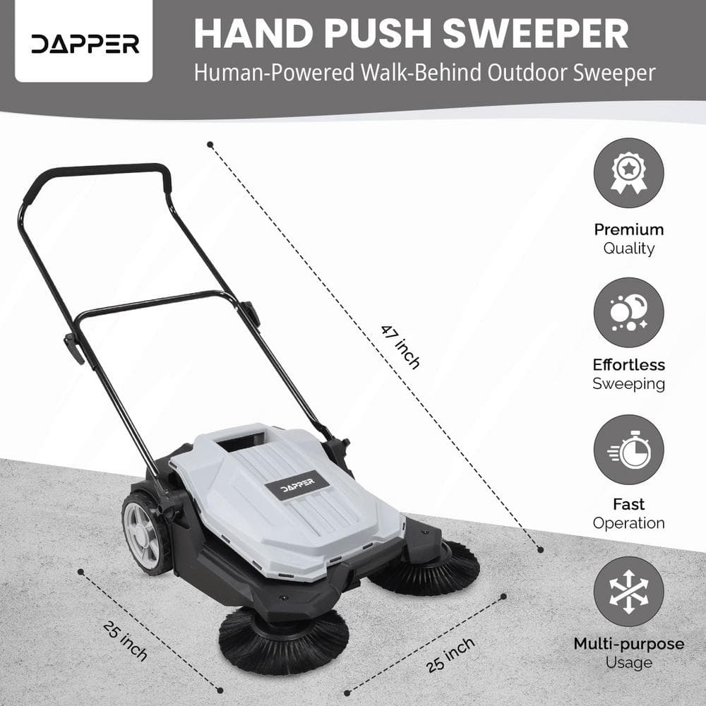 Walk-Behind Outdoor Hand Push Sweeper – 5.5 Gal. Capacity and 25 in. Sweeping Width in Grey - Hercitys