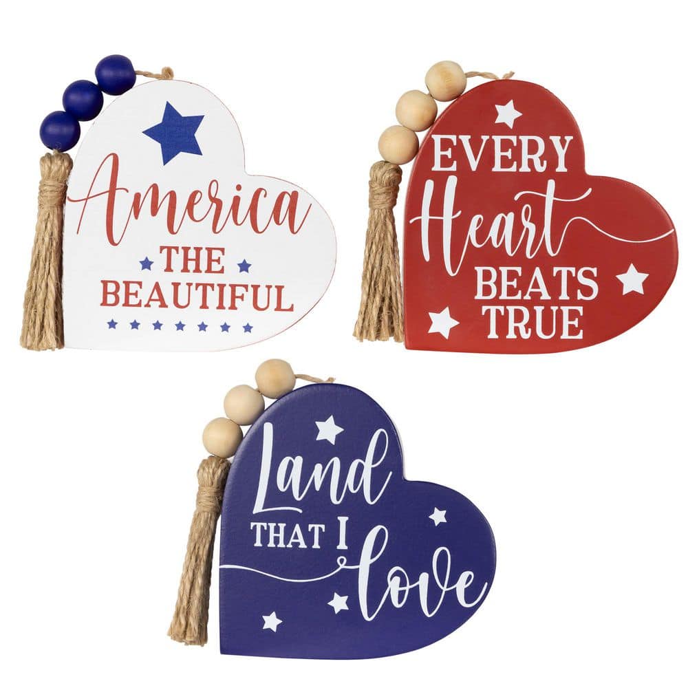 Patriotic Hearts with Beaded Tassels Wooden Signs-3.75 in.-Set of 3 - Hercitys