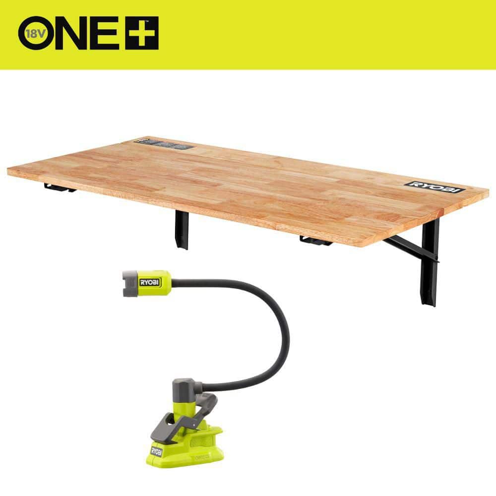 Wall Mounted Stow Away Worktable with ONE+ 18V Cordless Flexible LED Clamp Light (Tool Only) - Hercitys
