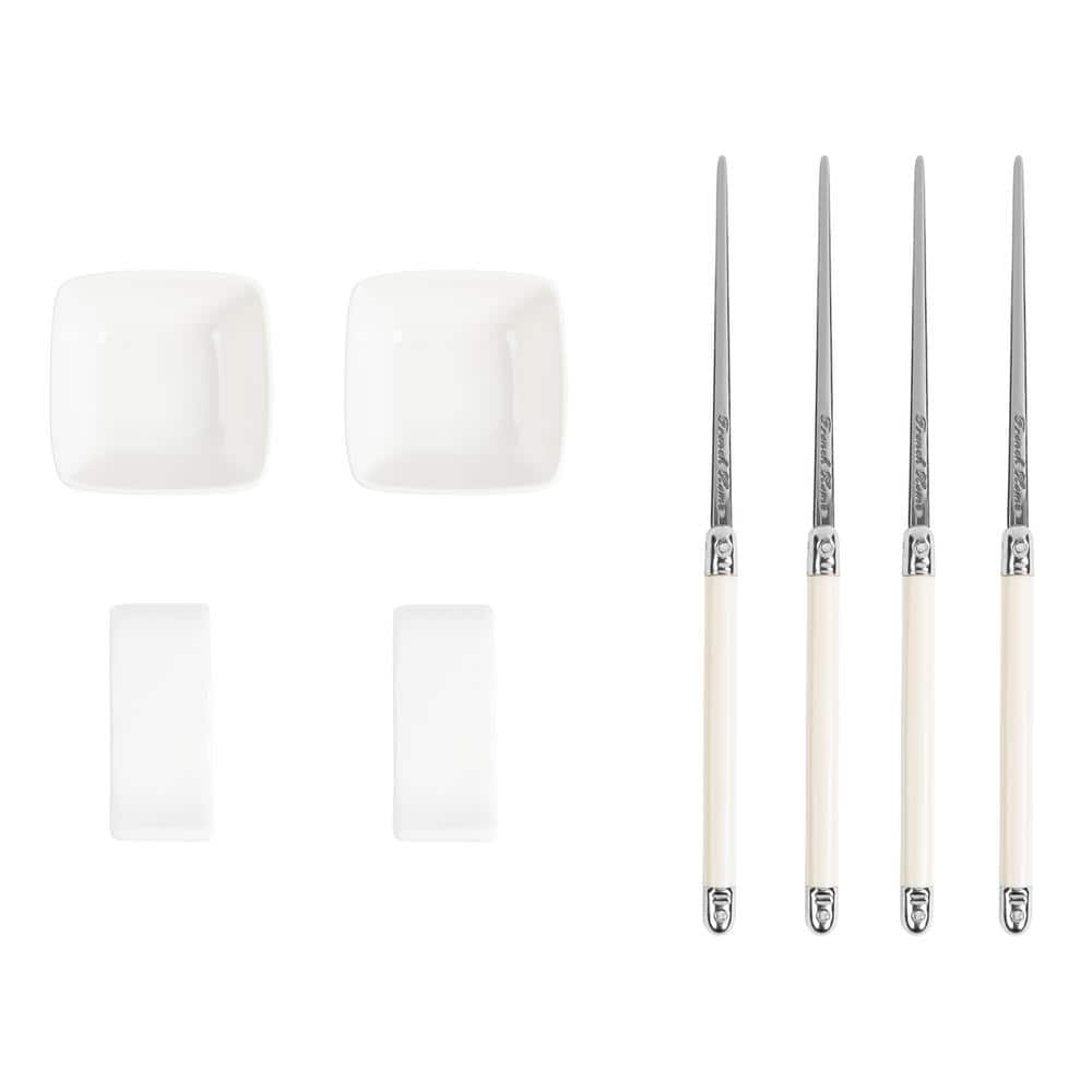 French Home Chopsticks with Faux Ivory Handles, Ceramic Rests and Sauce Bowls, Set of 2 Pairs - Hercitys