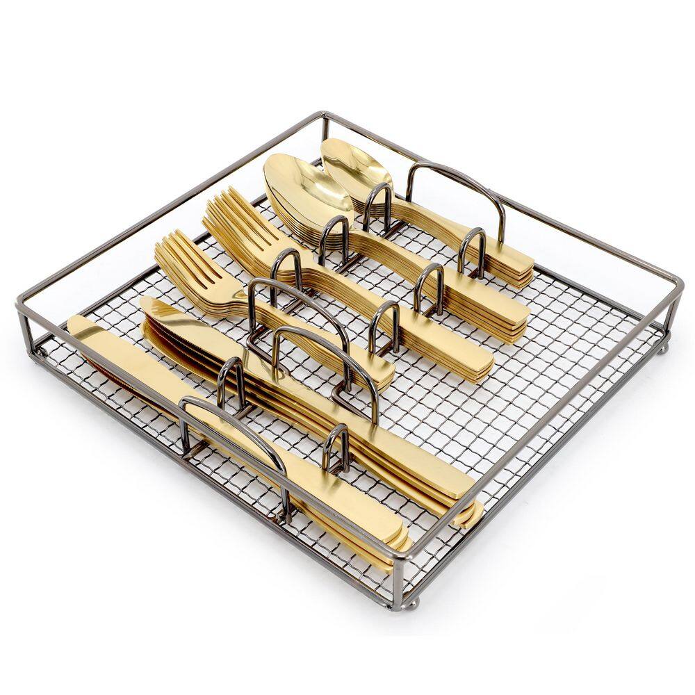 Abbeville 41-Piece 18/8 Stainless Steel Flatware Set in Gold with Wire Caddy - Hercitys