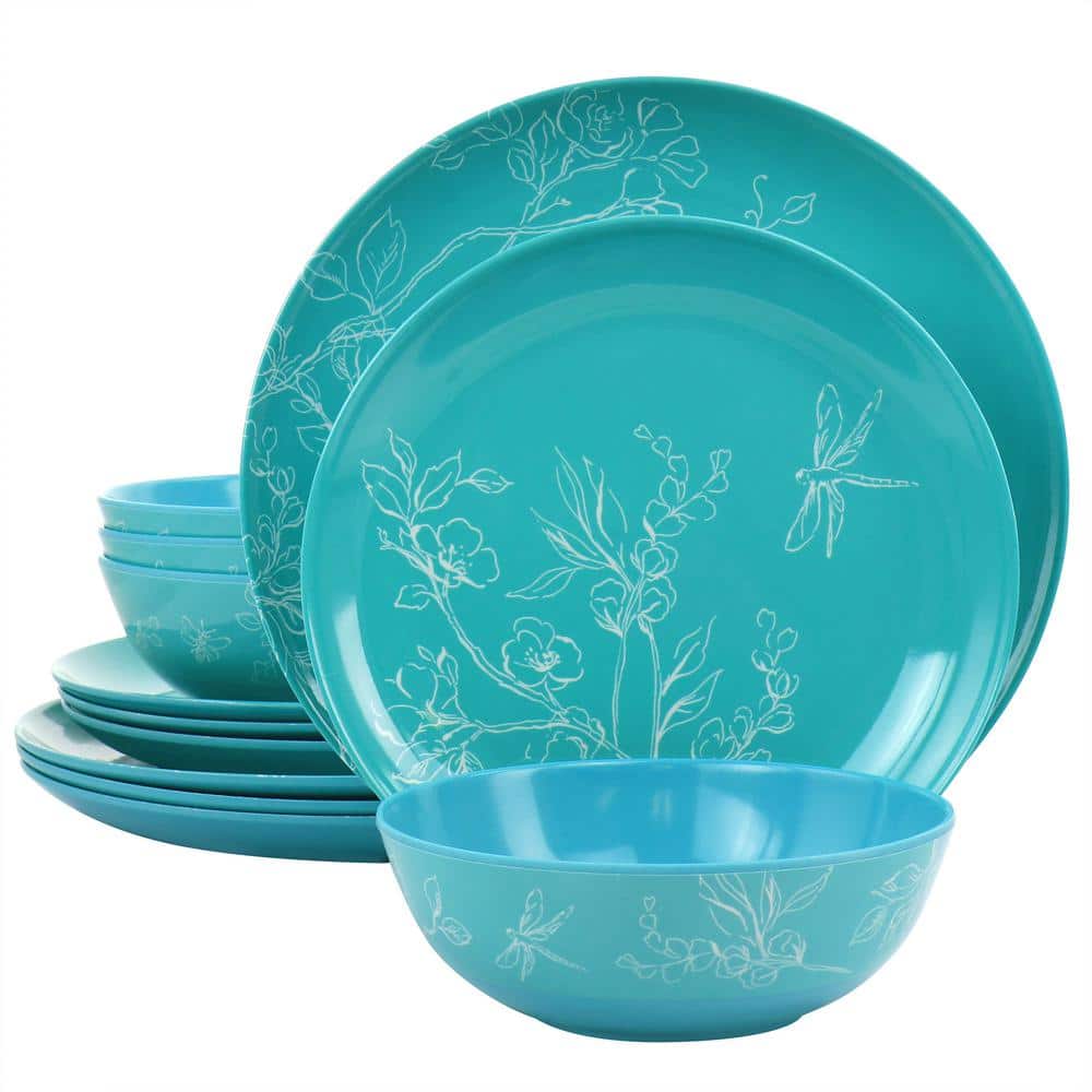 Martha Stewart 12 Piece Leafy FLoral Melamine Dinnerware Set in Turquoise Service for 4 - Hercitys