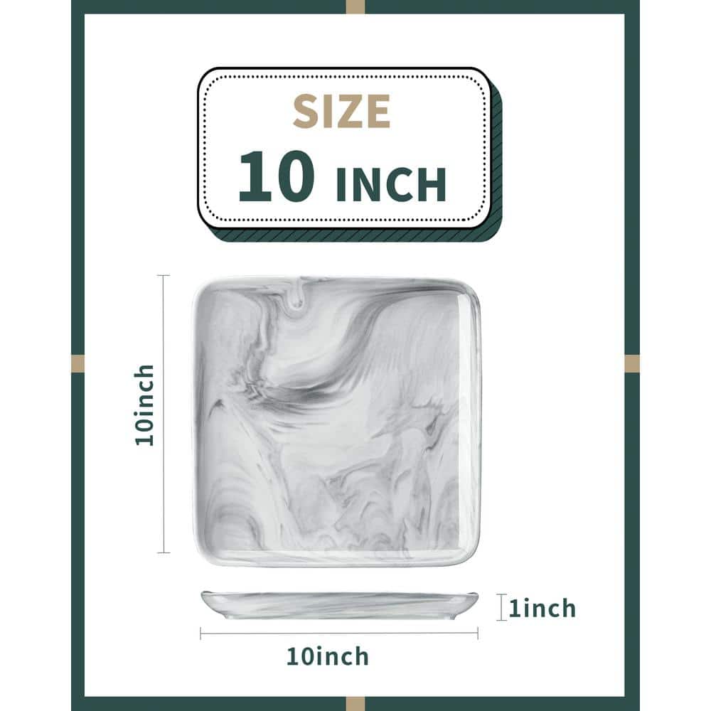 IVY 4-Piece 10 in. Marble Grey Porcelain Square Dinner Plates (Set of 4) - Hercitys
