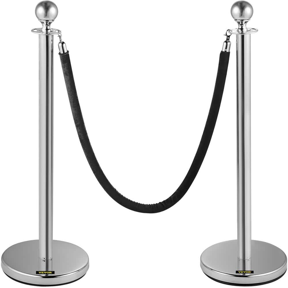 Crowd Control Stanchion 5 ft. Black Velvet Rope Heavy-Duty Base Crowd Control Barrier in Silver (Set of 2-Pieces) - Hercitys