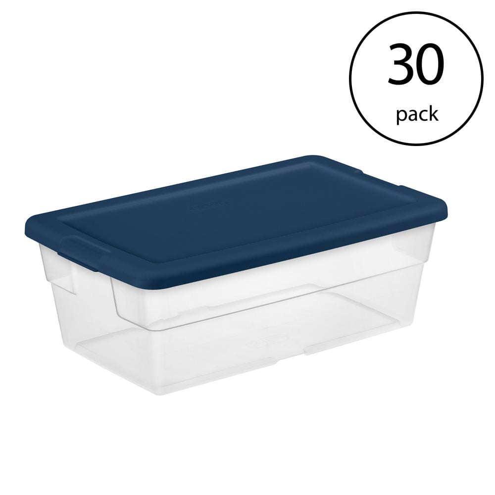 Stackable 6 Qt Storage Box Container, Clear, Marine Blue Lid (30 Pack) - Hercitys