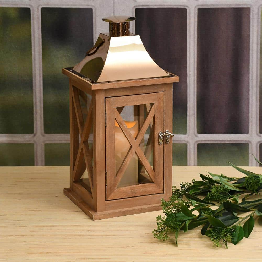 Lantern 7.75 in. x 15.5 in. Wooden Lantern Copper Roof with LED Candle - Hercitys