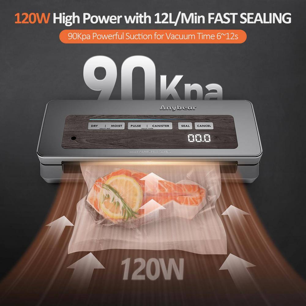 90kPa 100W Wide Seal All-IN-1 Powerful Food Storage Vacuum Sealer Machine Gray with 2 Bag Rolls and 5pcs Pre-cut Bags - Hercitys