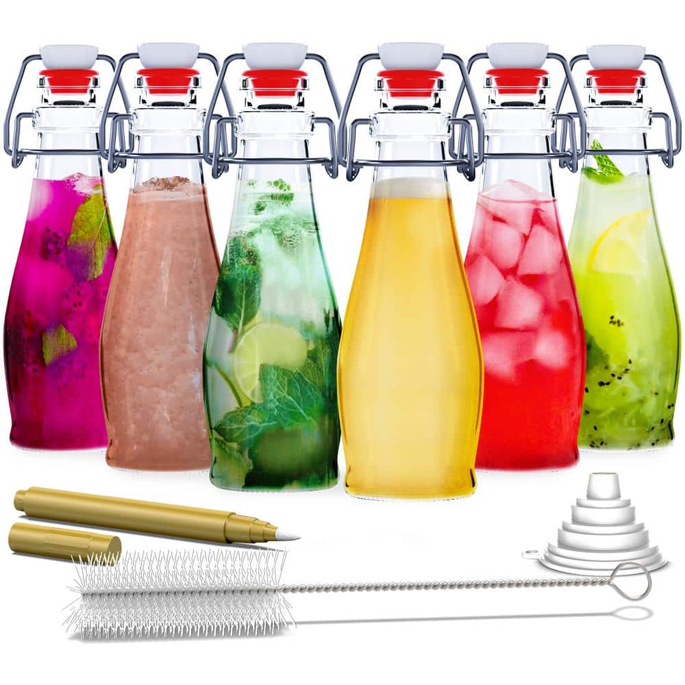 8.5 oz Glass Bottles with Swing Top Stoppers, Bottle Brush, Funnel, and Gold Glass Marker (Set of 6) - Hercitys
