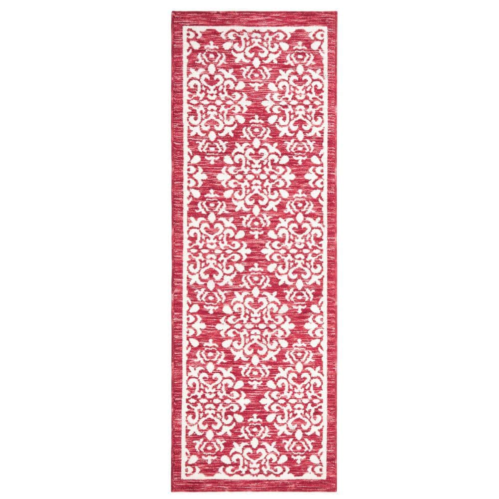 Everyday Walker Damask Medallion Red 24 in. x 72 in. Machine Washable Runner Kitchen Mat - Hercitys