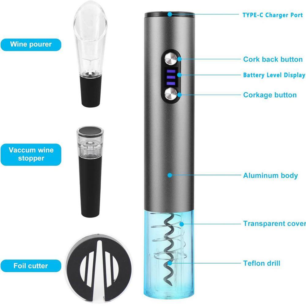 Black Cordless Electric Wine Opener, Bottle Openers Kit with Foil Cutter, Wine Aerator Pourer and Vacuum Stopper - Hercitys