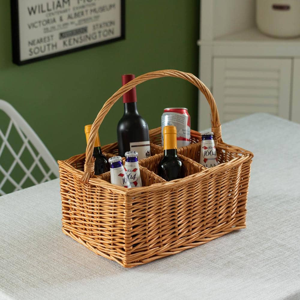 6 Bottle Wine and Beverage Wicker Tote Basket Perfect for Beer, Champagne, Bar Accessories, Home Bars and Picnics, Brown - Hercitys