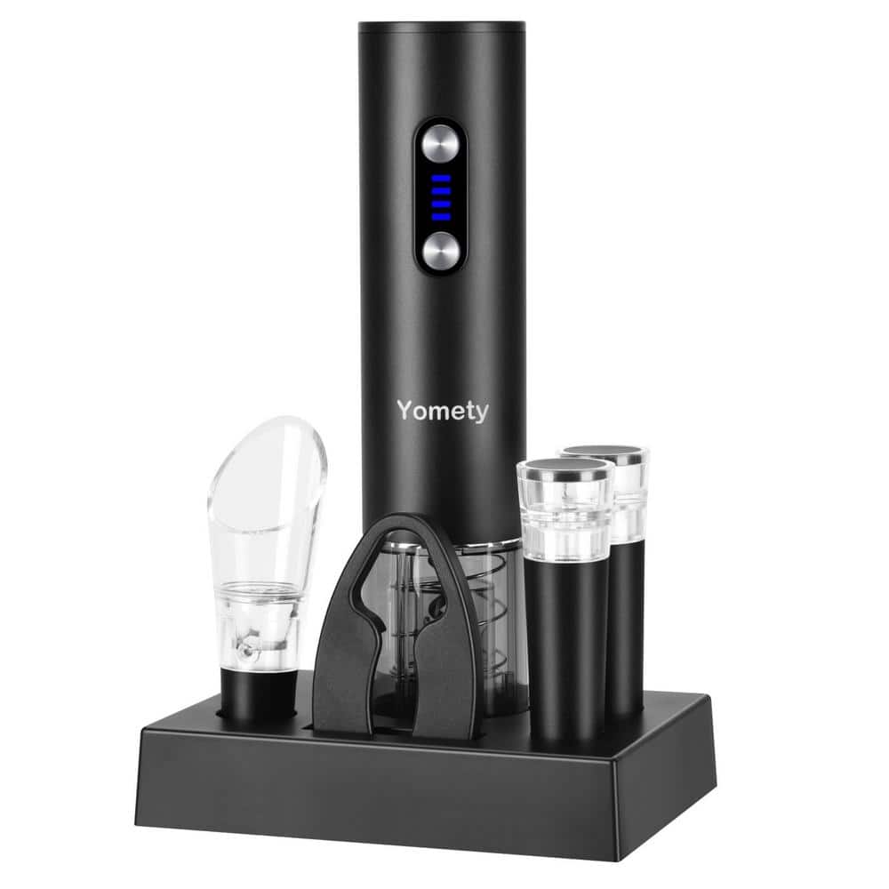Black Rechargeable Electric Wine Bottle Opener Set with Base, Wine Stoppers and Foil Cutter, 2-in-1 Aerator and Pourer - Hercitys