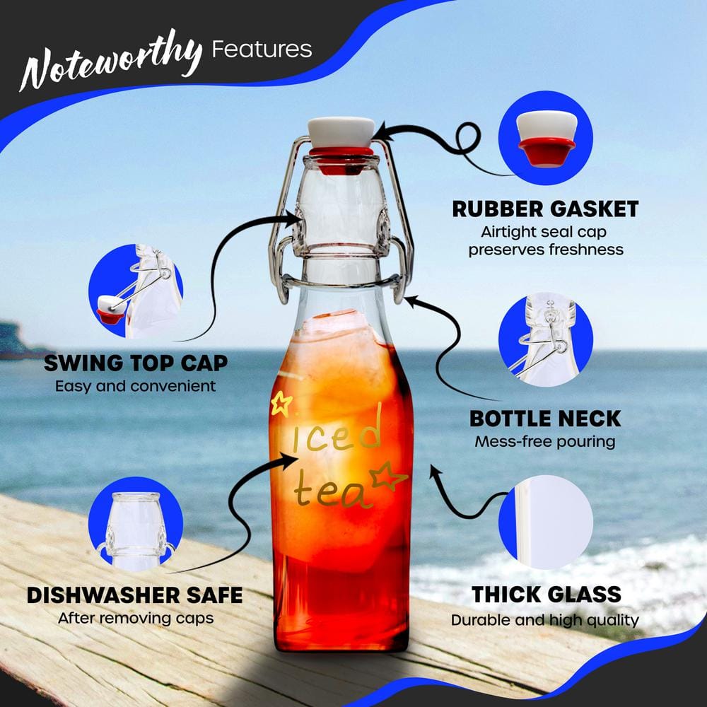 6-Pack 8.5 oz. Square Glass Bottles with Swing Top Stoppers, Bottle Brush, Funnel, and Gold Glass Marker - Hercitys