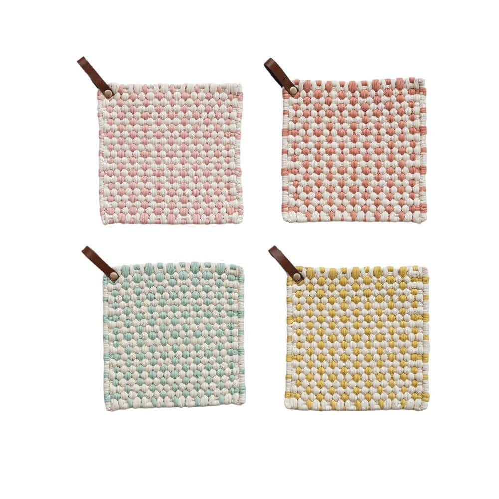 Cotton Light Hue Crocheted Pot Holder with Leather Loop (4-Pack) - Hercitys