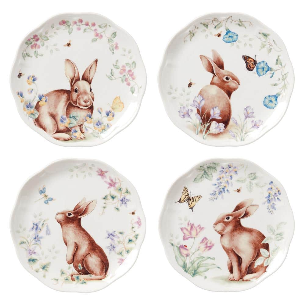 Butterfly Meadow Bunny White Accent Plate (Set of 4) - Hercitys