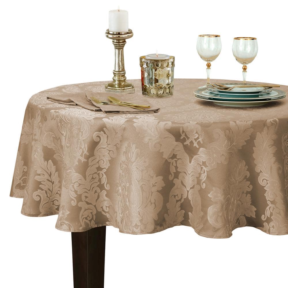 70 in. Round Beige Barcelona Damask Fabric Tablecloth - Hercitys