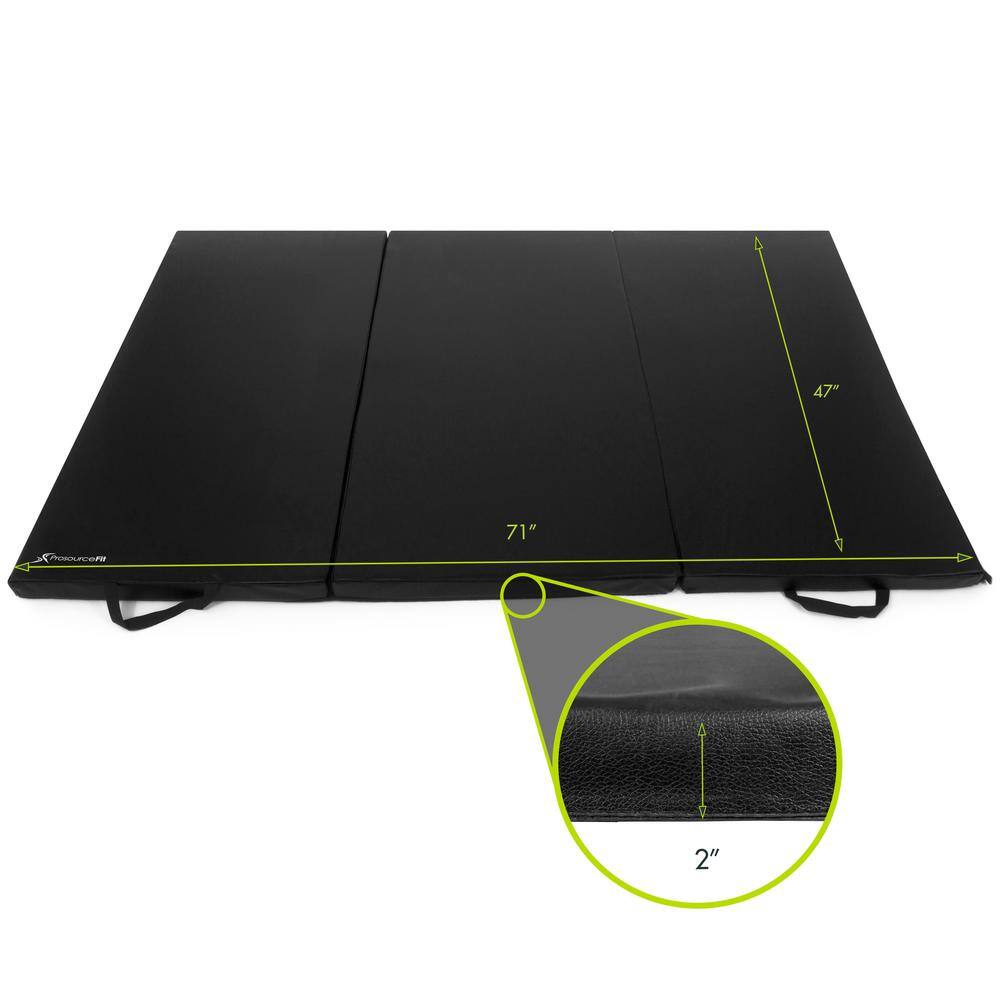Tri-Fold Folding Thick Exercise Mat Black 6 ft. x 4 ft. x 2 in. Vinyl and Foam Gymnastics Mat with Carrying Handles - Hercitys