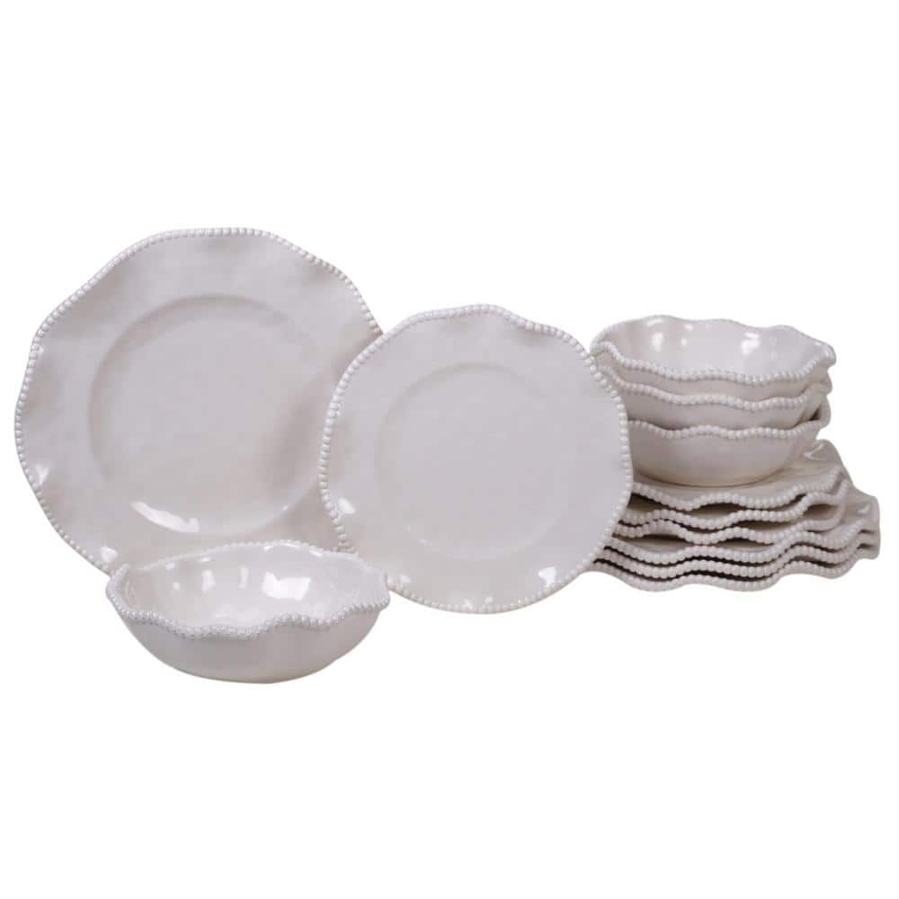 Perlette 12-Piece Solid Cream Melamine Outdoor Dinnerware Set (Service for 4) - Hercitys
