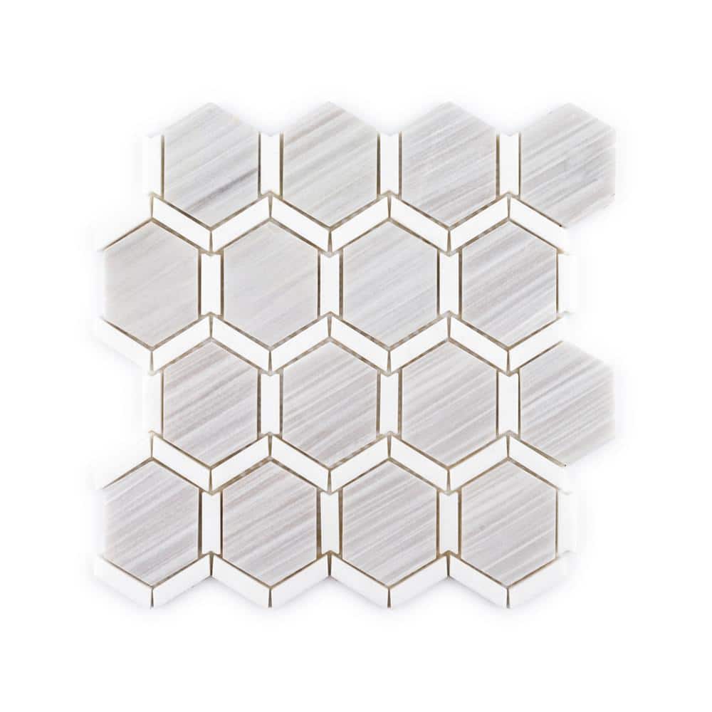 Turbine White/Grey 11.875 in. x 11.75 in. Hexagon Honed Thassos/Grey Marble Mosaic Wall/Floor Tile (9.69 sq. ft./Case) - Hercitys