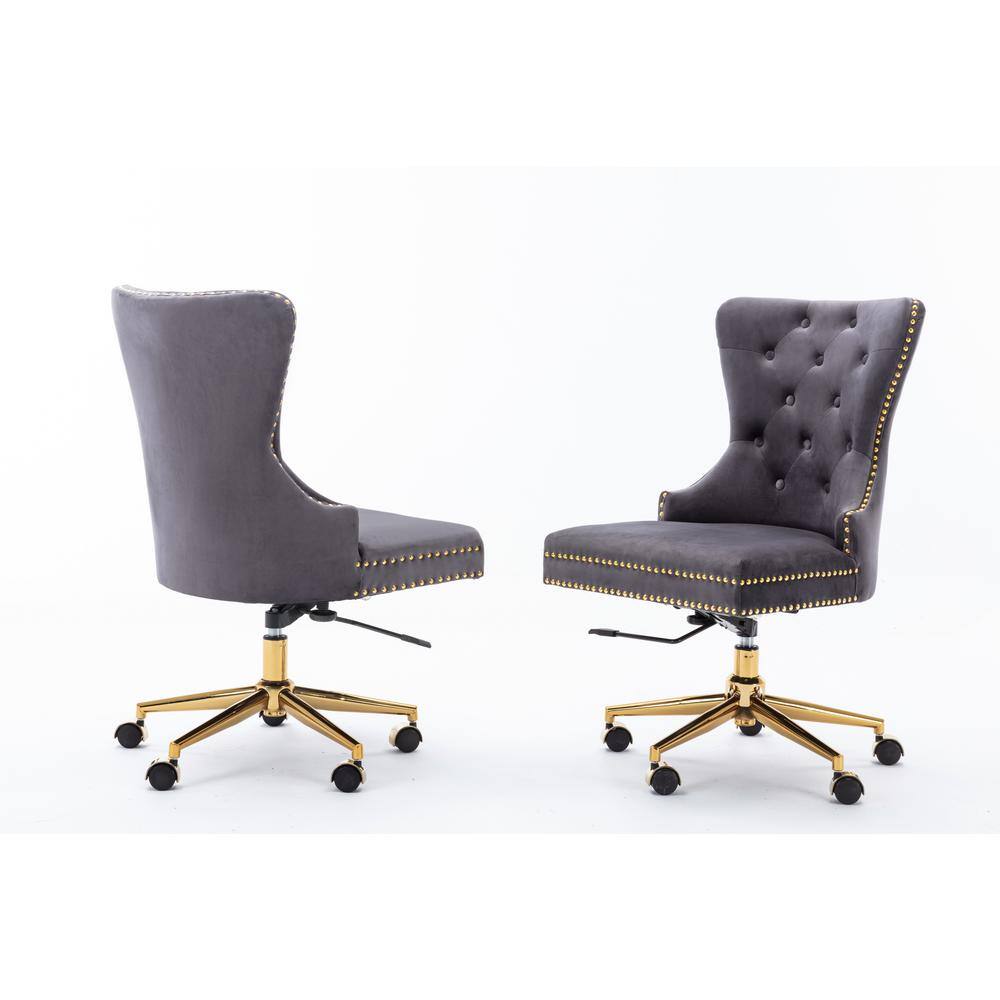 James Dark Gray Velvet Fabric Gold Adjustable Office Chairs - Hercitys