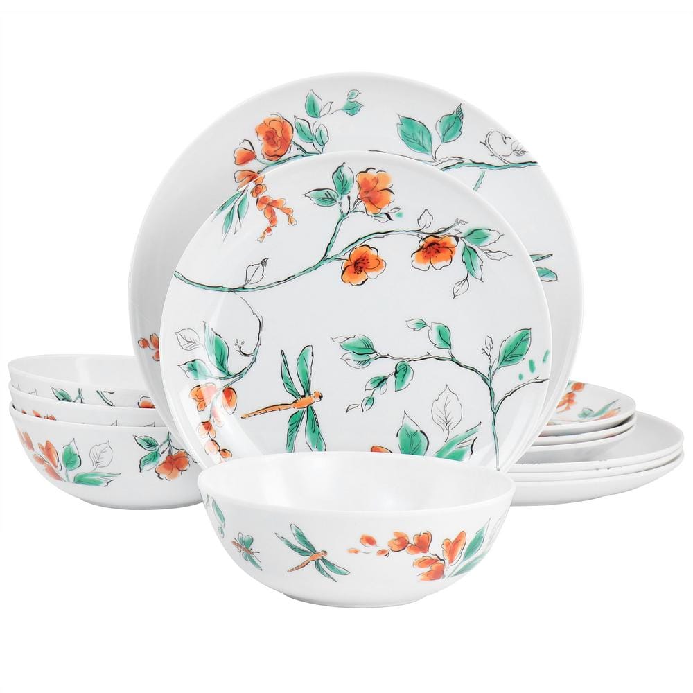 Martha Stewart 12 Piece Dragonfly Melamine Dinnerware Set in White Service for 4 - Hercitys