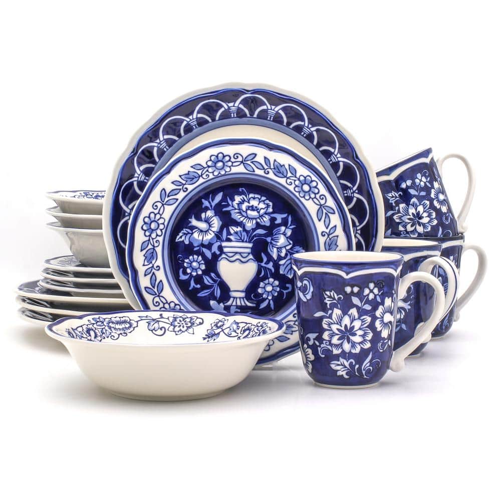 Blue Garden 16-Piece Asian Inspired Blue and White Stoneware Dinnerware Set (Service for 4) - Hercitys