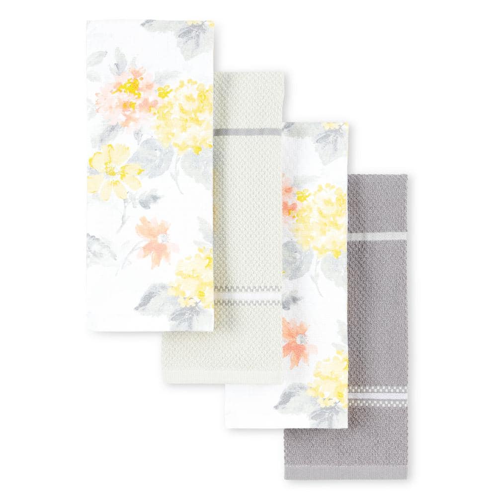 Amber Floral Yellow/Coral Cotton Kitchen Towel Set (2-Pack) - Hercitys