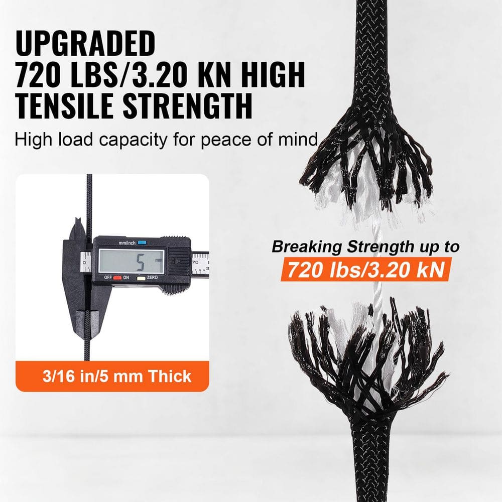 Braided Nylon Cord, Polyester 3/16 in. 4.72 ft. length 720 lbs. Tensile Strength, Multi-Purpose Black Rope, Woven - Hercitys
