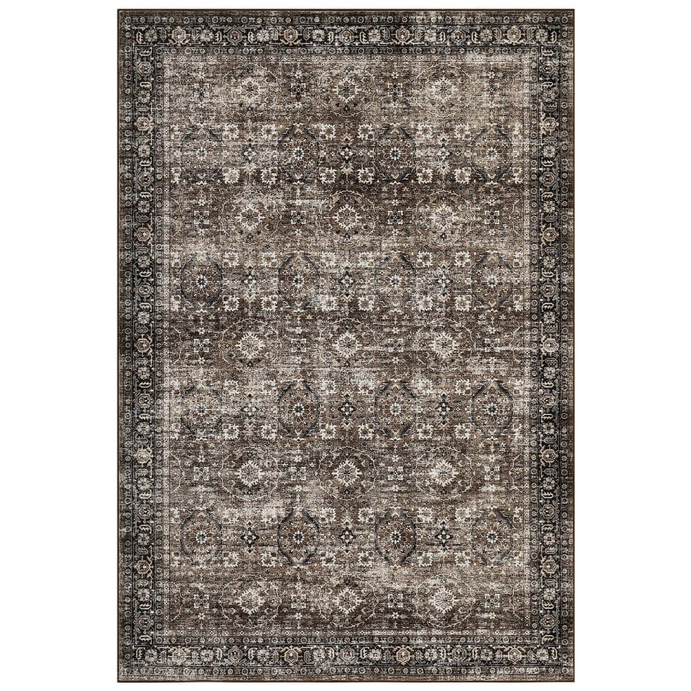Traditional Floral Rug Low Pile Non Slip Thin Carpet Soft Foldable Indoor Carpet for Bedroom Office Brown，9X12ft - Hercitys