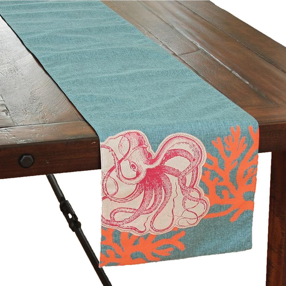Sea Life 13.5 in. x 72 in. Blue Applique Octopus With Print Coral Coastal Table Runner - Hercitys