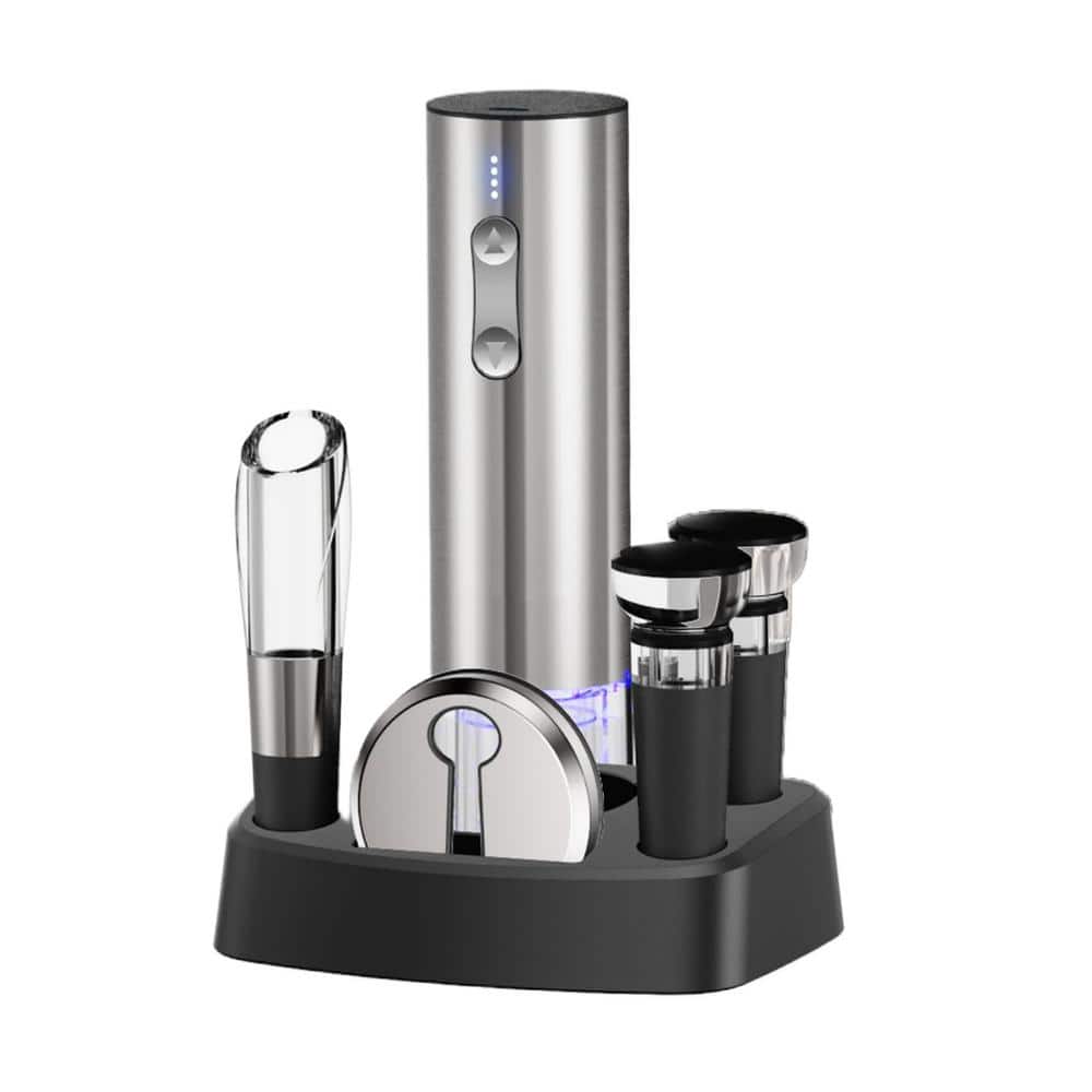 6-in-1 Silver Wine Bottle Opener Set with Wine Opener, Wine Aerator, Vacuum Stoppers, Foil Cutter and Stand - Hercitys