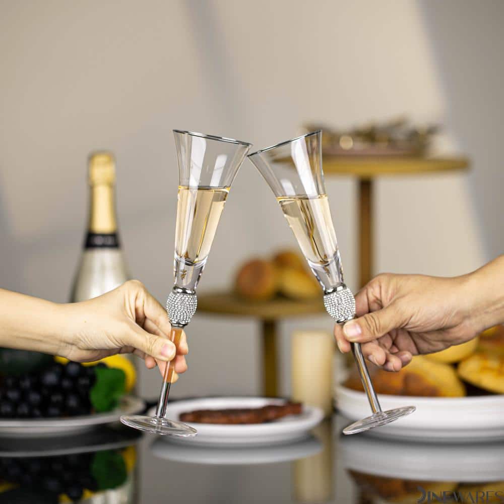 Elegant 7 oz. Champagne Glasses with Diamond Rhinestone Accents and a Polished Silver Rim (Set of 2) - Hercitys