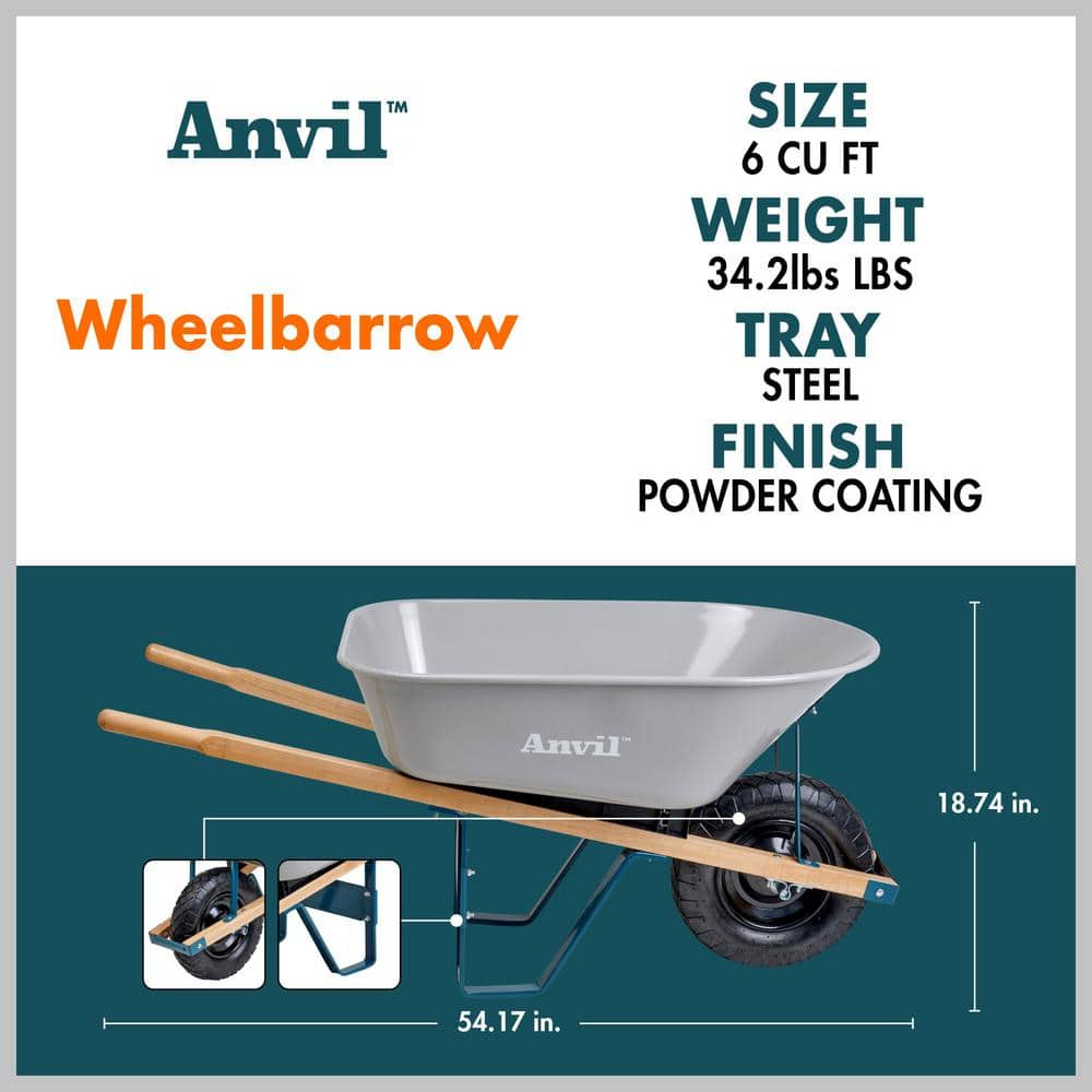 6 cu. ft. Steel Tub Wheelbarrow with Wooden Handles and Pneumatic Tire - Hercitys