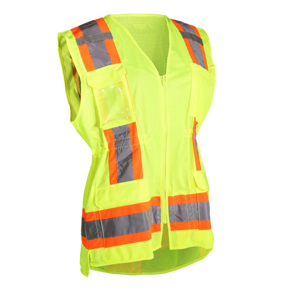 Women’s Small Hi Vis Yellow 2-Tone ANSI Type R Class 2 Contoured Surveyor’s Safety Vest with Mesh Back and (11-Pockets) - Hercitys