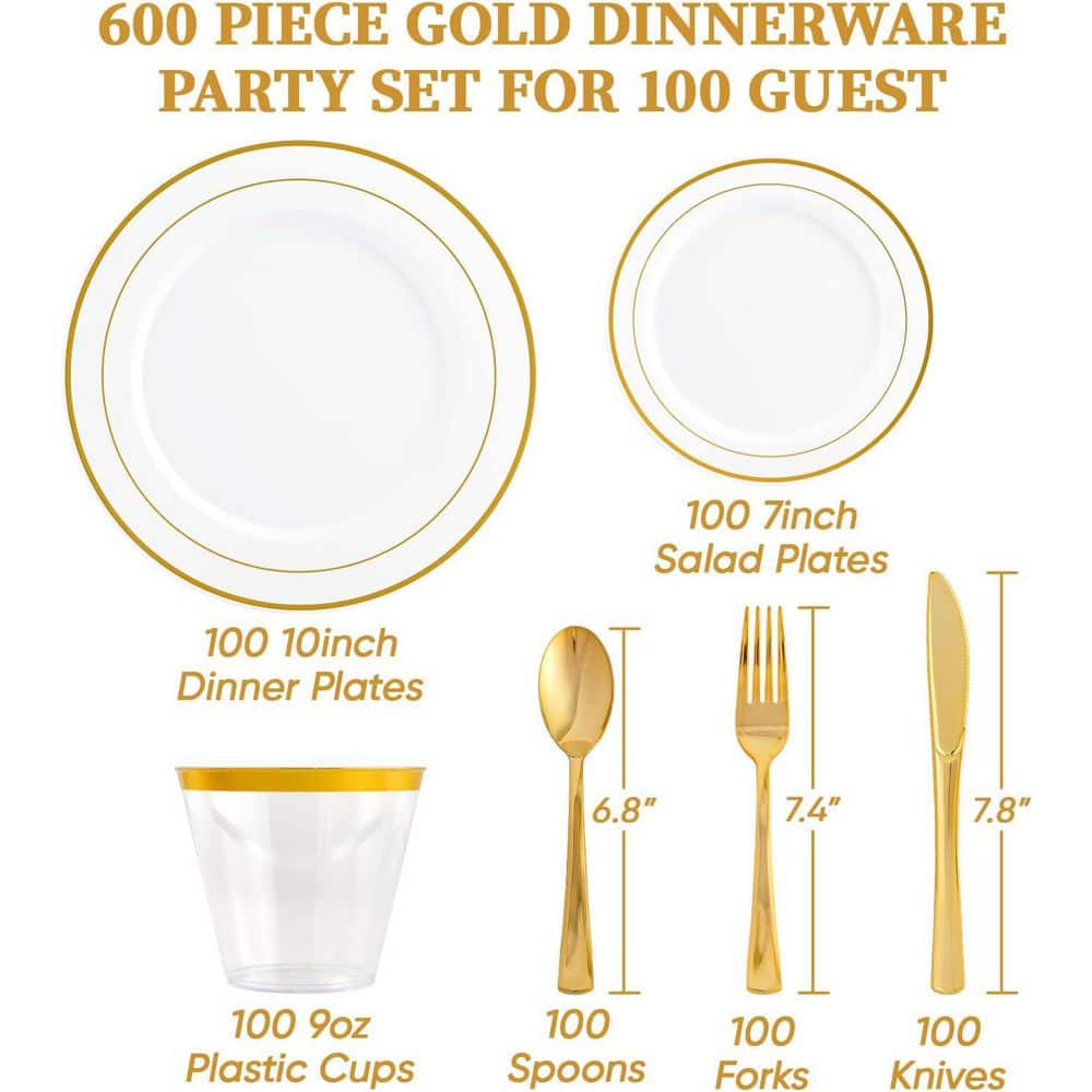 Gold Disposable Plastic Dinnerware Set for 100-Guests (600-Pieces) - Hercitys