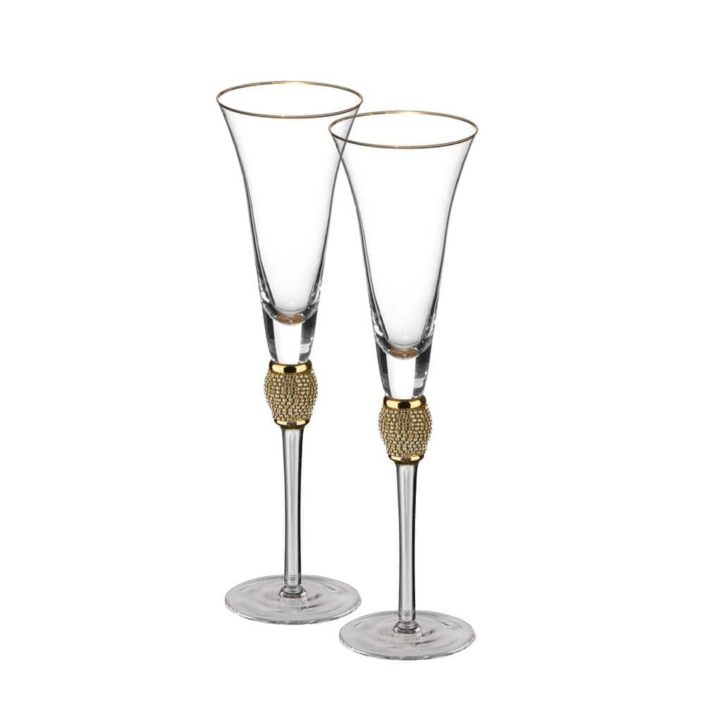 Elegant 7 oz. Champagne Glasses with Diamond Rhinestone Accents and a Polished Gold Rim (Set of 2) - Hercitys