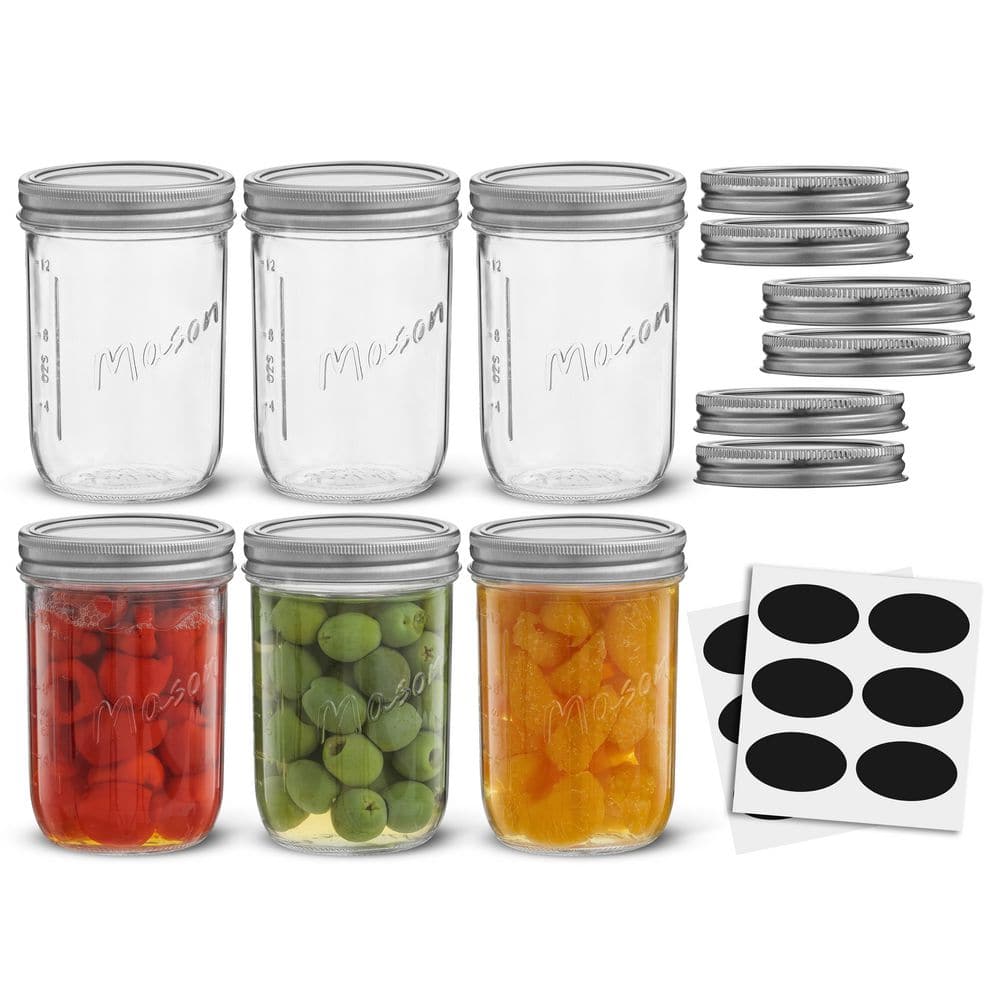 Wide Mason Jars with Airtight Lids, Labels and Measures, Lead Free Glass, 16 oz. Set of 6 - Hercitys