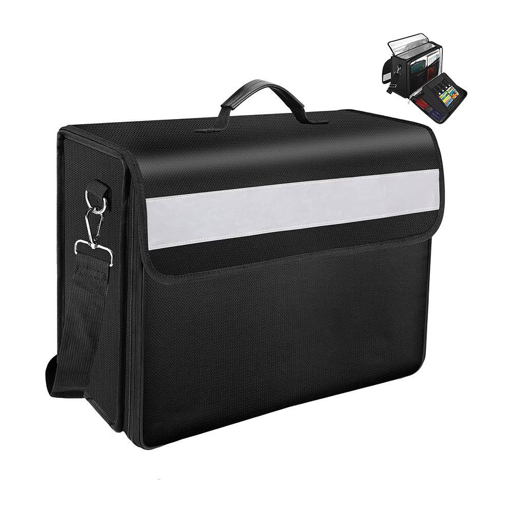 Fireproof Safe File Document Bag with Lock, Multiple Pockets, Reflective Strip, Carry Strap Waterproof Design, Black - Hercitys