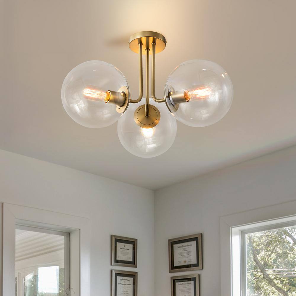Lueck 21.99 in. 3-Light Modern Sputnik Gold Semi Flush Mount with Globe Clear Glass - Hercitys