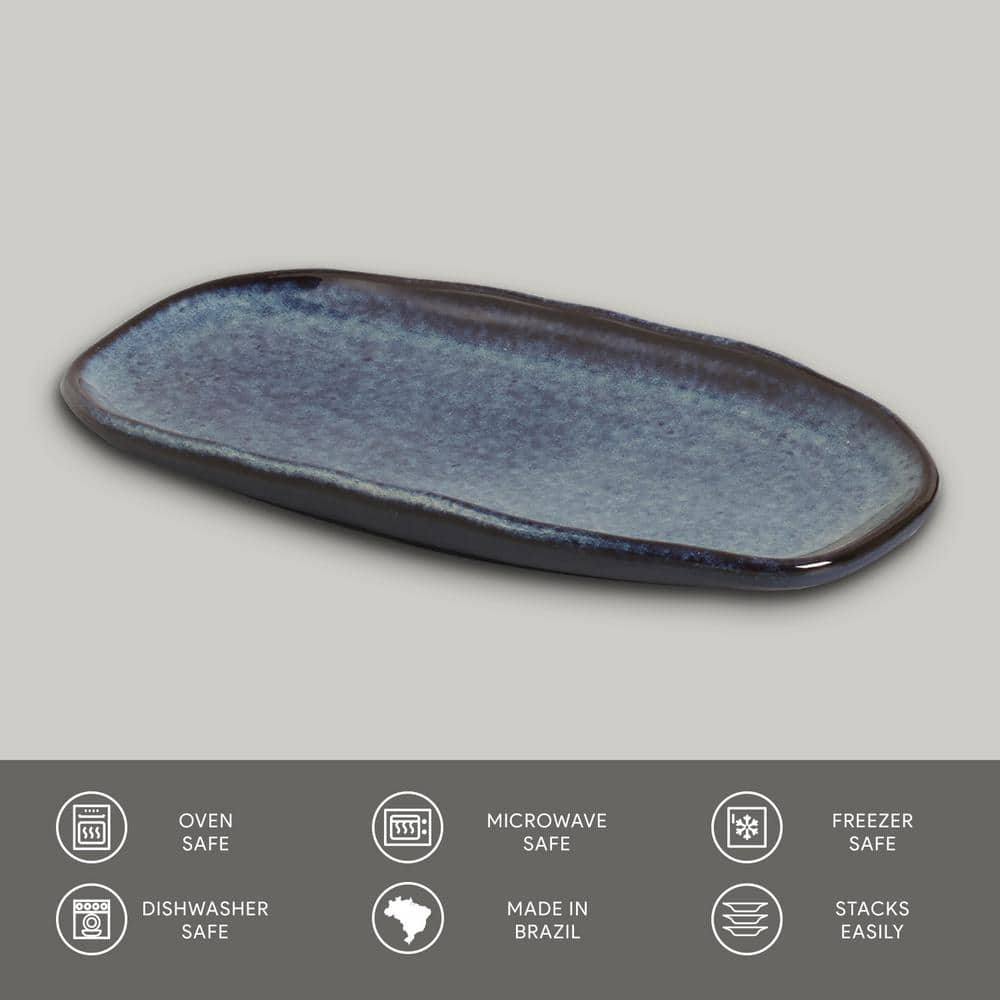 9.06 in. Denim Dark Blue Stoneware Shallow Oval Platter Organic (Set of 4) - Hercitys